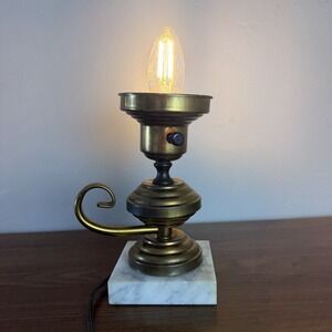Vintage Brass Marble Table Lamp Candle Style Hollywood Regency Accent